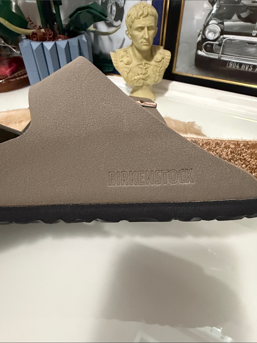 Birkenstock Women’s Taupe Two-Strap Sandals with Rose Gold Buckles - Shearling! - Picture 8 of 9
